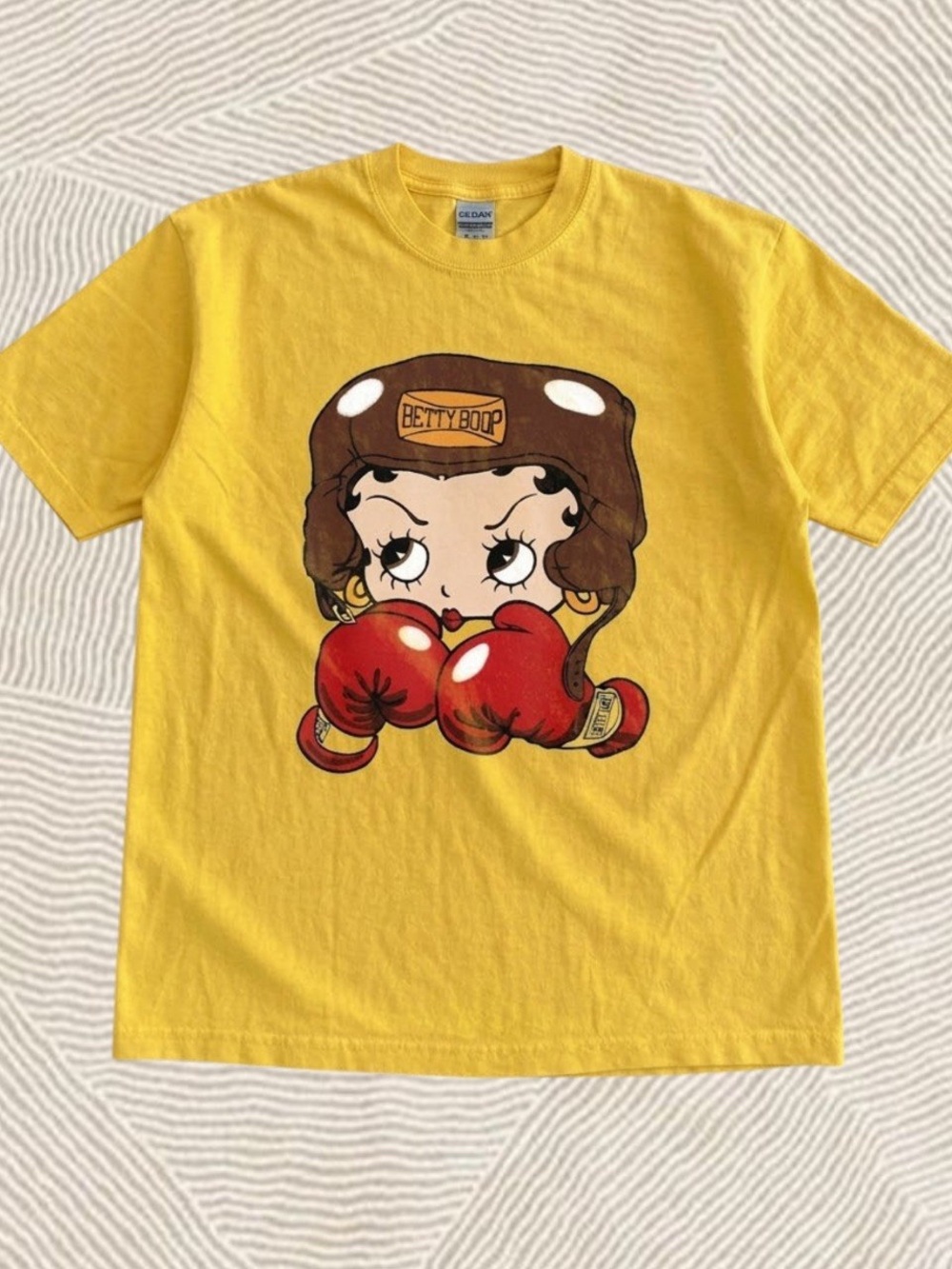 Gildan Yellow Betty Boop Graphic Tee with Red Boxing Graphic